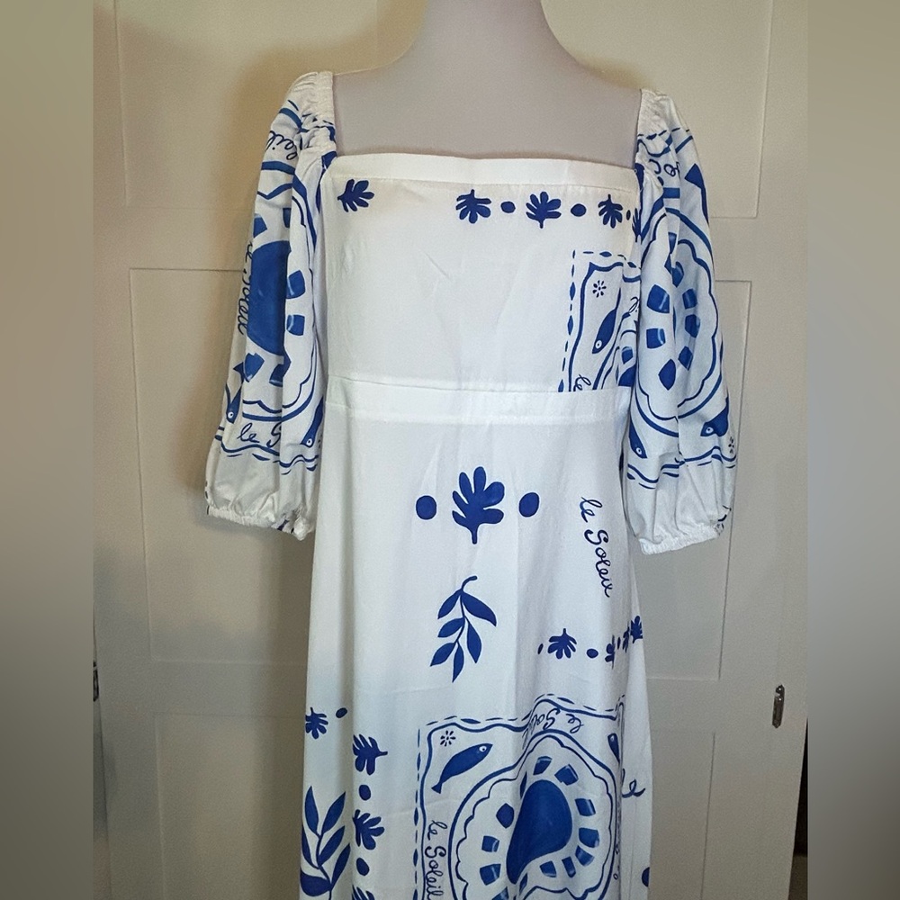 White and Blue Mediterranean Square-Neck Maxi Dress XXL - Picture 4 of 12